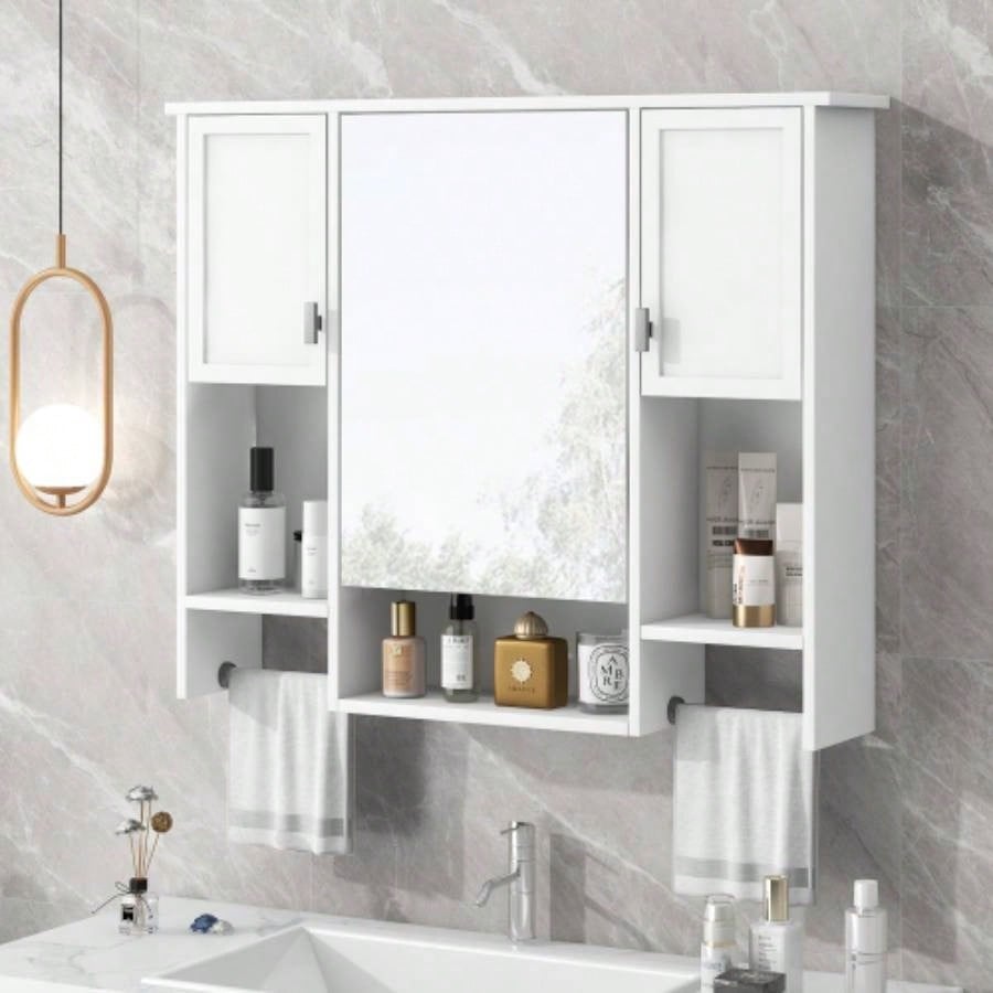 35x 28 Modern Wall Mounted Bathroom Storage Cabinet, Bathroom Wall Cabinet with Mirror, Medicine Cabinet with Towels Bar