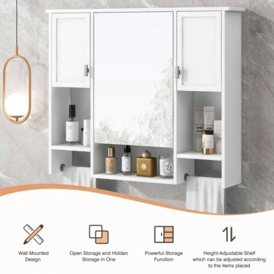 35x 28 Modern Wall Mounted Bathroom Storage Cabinet, Bathroom Wall Cabinet with Mirror, Medicine Cabinet with Towels Bar