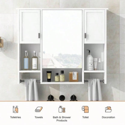 35x 28 Modern Wall Mounted Bathroom Storage Cabinet, Bathroom Wall Cabinet with Mirror, Medicine Cabinet with Towels Bar
