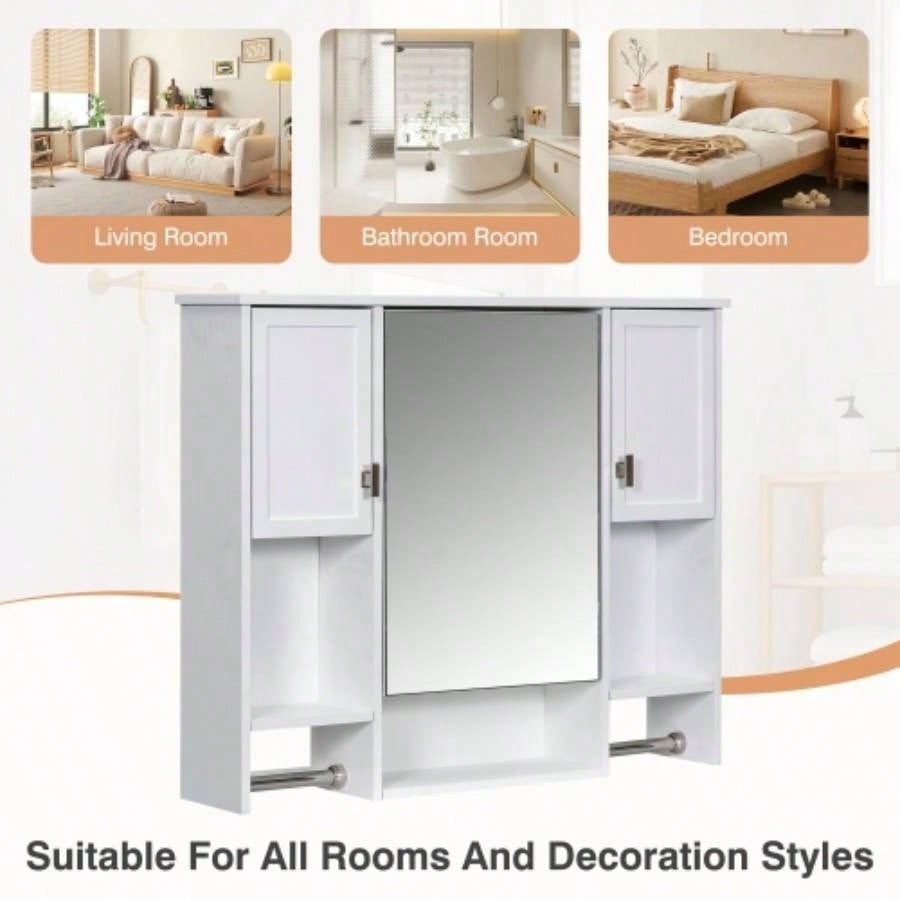35x 28 Modern Wall Mounted Bathroom Storage Cabinet, Bathroom Wall Cabinet with Mirror, Medicine Cabinet with Towels Bar