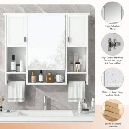 35x 28 Modern Wall Mounted Bathroom Storage Cabinet, Bathroom Wall Cabinet with Mirror, Medicine Cabinet with Towels Bar