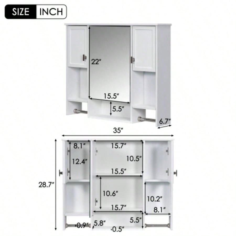 35x 28 Modern Wall Mounted Bathroom Storage Cabinet, Bathroom Wall Cabinet with Mirror, Medicine Cabinet with Towels Bar