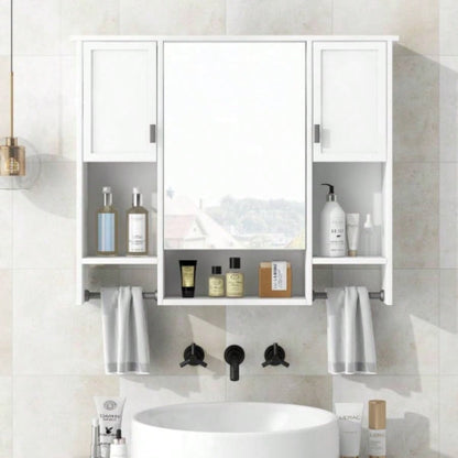 35x 28 Modern Wall Mounted Bathroom Storage Cabinet, Bathroom Wall Cabinet with Mirror, Medicine Cabinet with Towels Bar