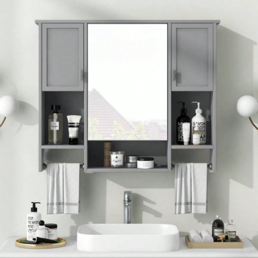 35x 28 Modern Wall Mounted Bathroom Storage Cabinet, Bathroom Wall Cabinet with Mirror, Medicine Cabinet with Towels Bar