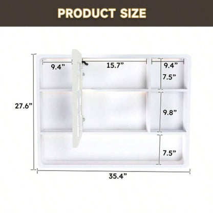 Aluminium Medicine Cabinet Mirror, 35x 28 Inches Medicine Cabinet with 3 Colors LED Light and Defogging Function, Bathroom Mirror Cabinet with Cosmetic Storage Rack and Hair Dryer Holder, White
