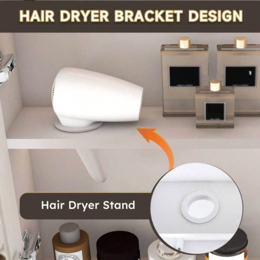 Aluminium Medicine Cabinet Mirror, 35x 28 Inches Medicine Cabinet with 3 Colors LED Light and Defogging Function, Bathroom Mirror Cabinet with Cosmetic Storage Rack and Hair Dryer Holder, White