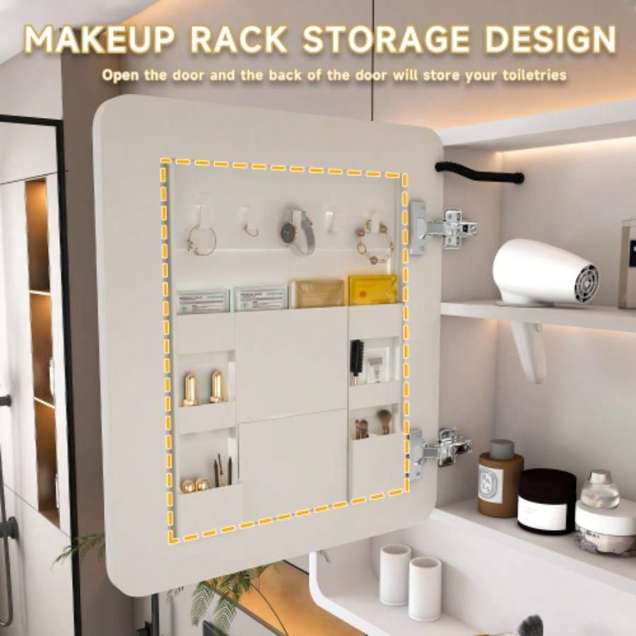 Aluminium Medicine Cabinet Mirror, 35x 28 Inches Medicine Cabinet with 3 Colors LED Light and Defogging Function, Bathroom Mirror Cabinet with Cosmetic Storage Rack and Hair Dryer Holder, White