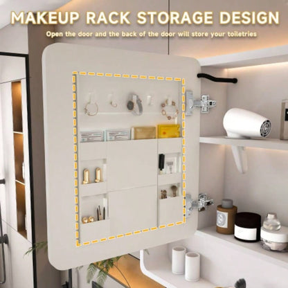 Aluminium Medicine Cabinet Mirror, 35x 28 Inches Medicine Cabinet with 3 Colors LED Light and Defogging Function, Bathroom Mirror Cabinet with Cosmetic Storage Rack and Hair Dryer Holder, White