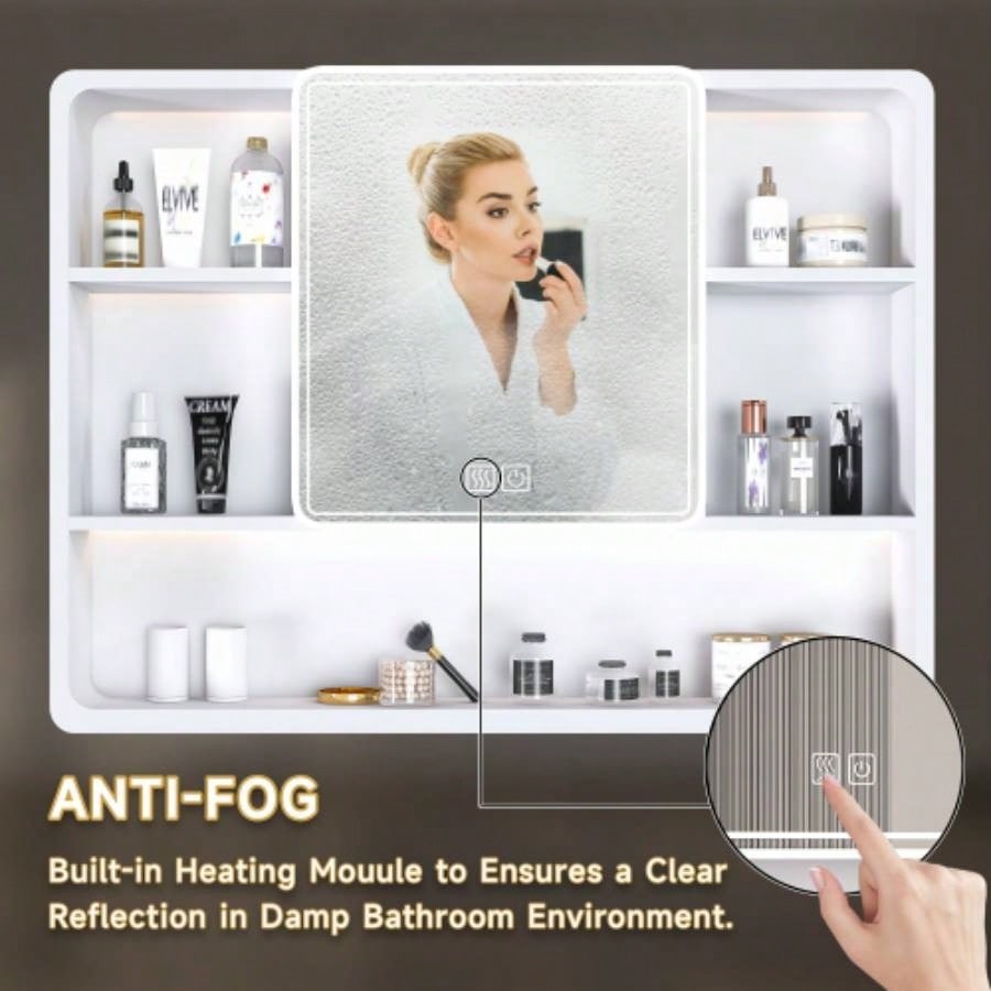 Aluminium Medicine Cabinet Mirror, 35x 28 Inches Medicine Cabinet with 3 Colors LED Light and Defogging Function, Bathroom Mirror Cabinet with Cosmetic Storage Rack and Hair Dryer Holder, White