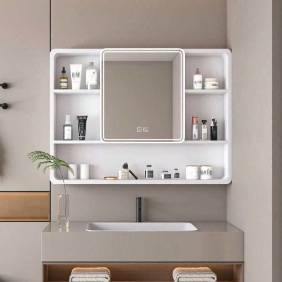Aluminium Medicine Cabinet Mirror, 35x 28 Inches Medicine Cabinet with 3 Colors LED Light and Defogging Function, Bathroom Mirror Cabinet with Cosmetic Storage Rack and Hair Dryer Holder, White