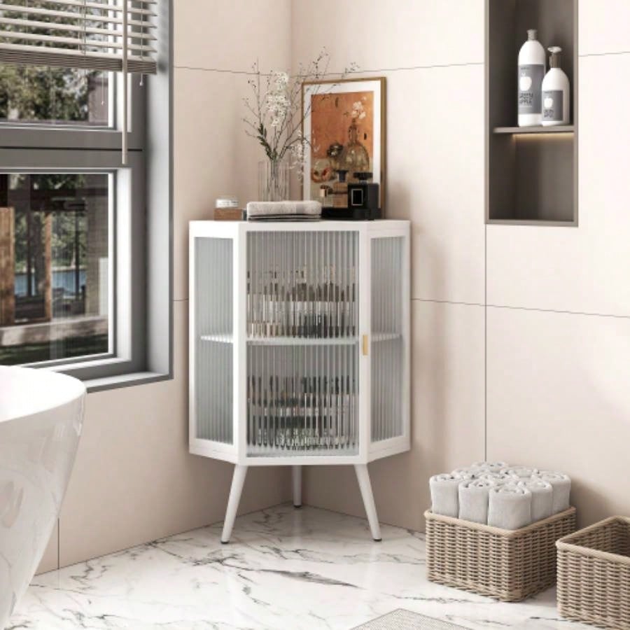 22.25 Floor Coner Cabinet with Tempered Glass Door Storage Shelves Bathroom, Living Room, Bedroom White