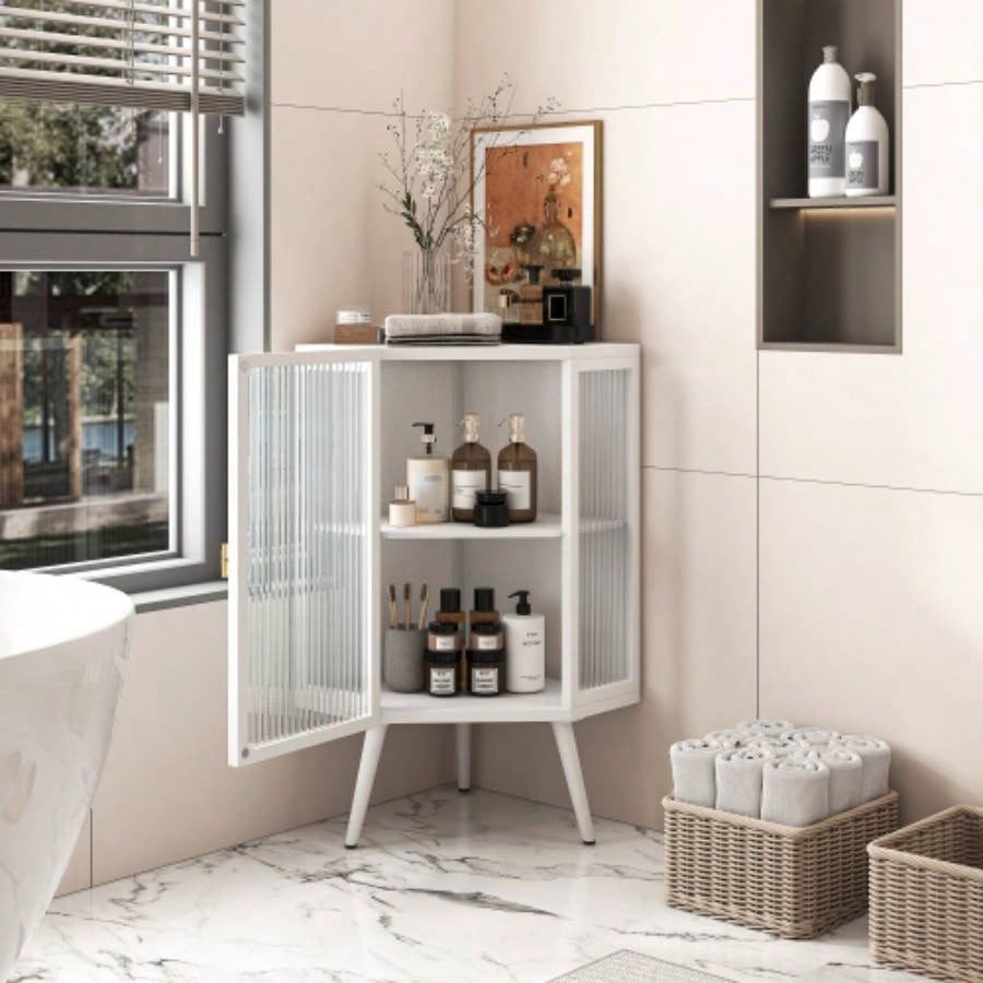 22.25 Floor Coner Cabinet with Tempered Glass Door Storage Shelves Bathroom, Living Room, Bedroom White
