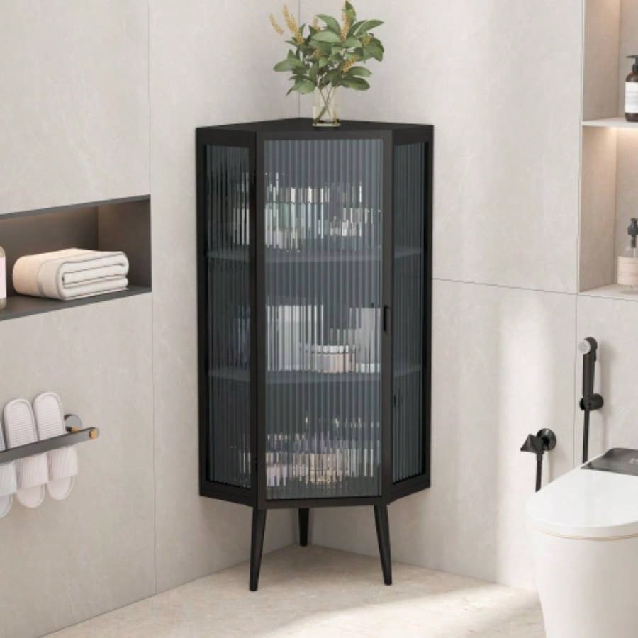 22.25 Floor Coner Cabinet with Tempered Glass Door Storage Shelves Bathroom, Living Room, Bedroom White