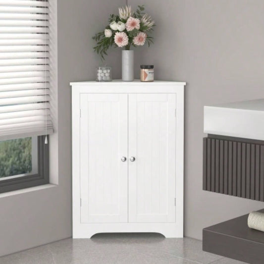 Floor Corner Cabinet with 2 Doors and Adjustable Shelves, Freestanding Narrow Cabinet Organizer, Corner Storage Cabinets Bathroom, Kitchen, Living Room, or Bedroom, White