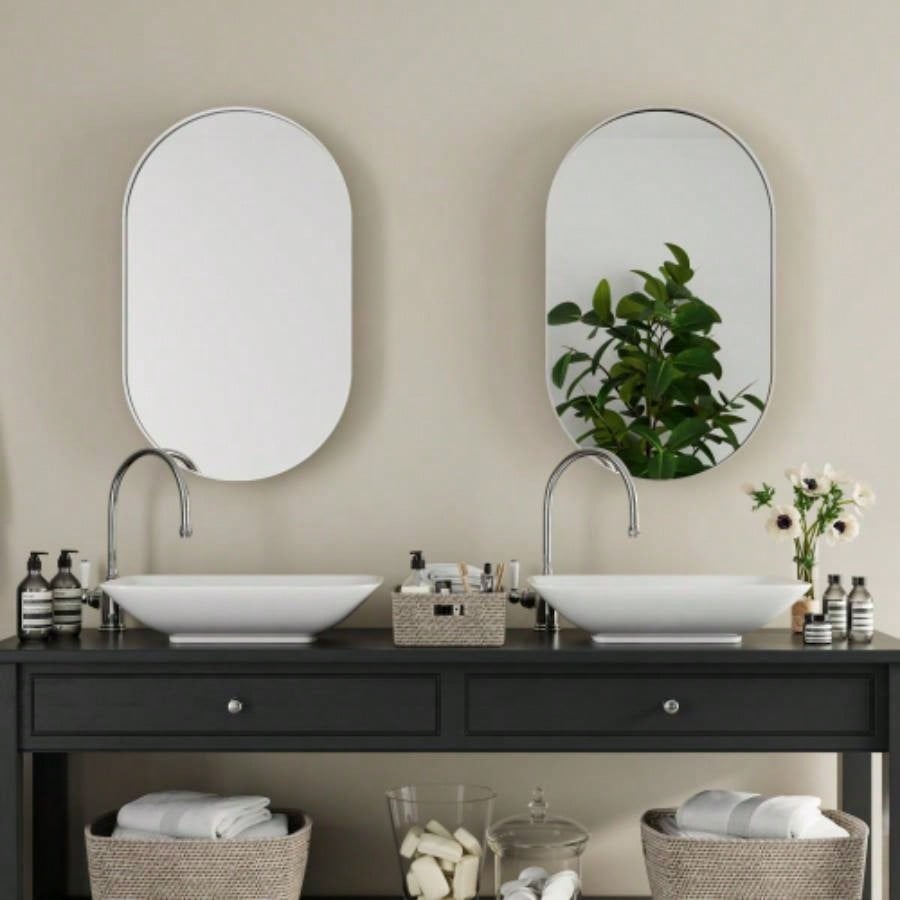 20x34 Inch Oval Recessed Medicine Cabinet, Metal Framed Bathroom Wall Cabinet with Mirror and Adjustable Shelves, Wall Mirror with Storage Bathroom, White
