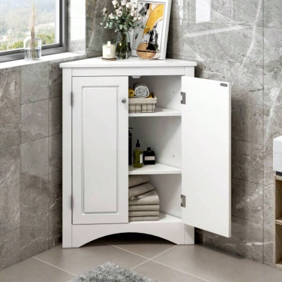 White Bathroom Storage Cabinet with Adjustable Shelves, Freestanding Floor Cabinet Home Kitchen