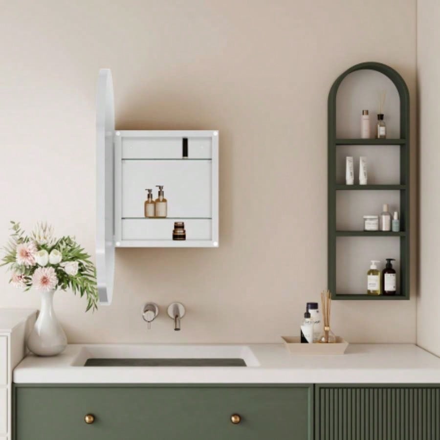 20x34 Inch Oval Recessed Medicine Cabinet, Metal Framed Bathroom Wall Cabinet with Mirror and Adjustable Shelves, Wall Mirror with Storage Bathroom, White
