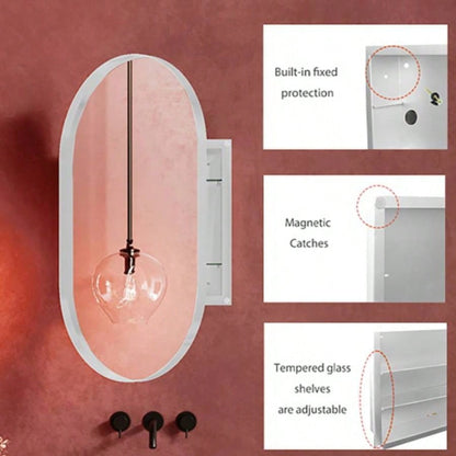 20x34 Inch Oval Recessed Medicine Cabinet, Metal Framed Bathroom Wall Cabinet with Mirror and Adjustable Shelves, Wall Mirror with Storage Bathroom, White
