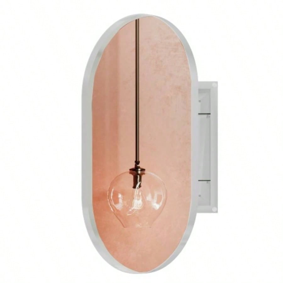 20x34 Inch Oval Recessed Medicine Cabinet, Metal Framed Bathroom Wall Cabinet with Mirror and Adjustable Shelves, Wall Mirror with Storage Bathroom, White