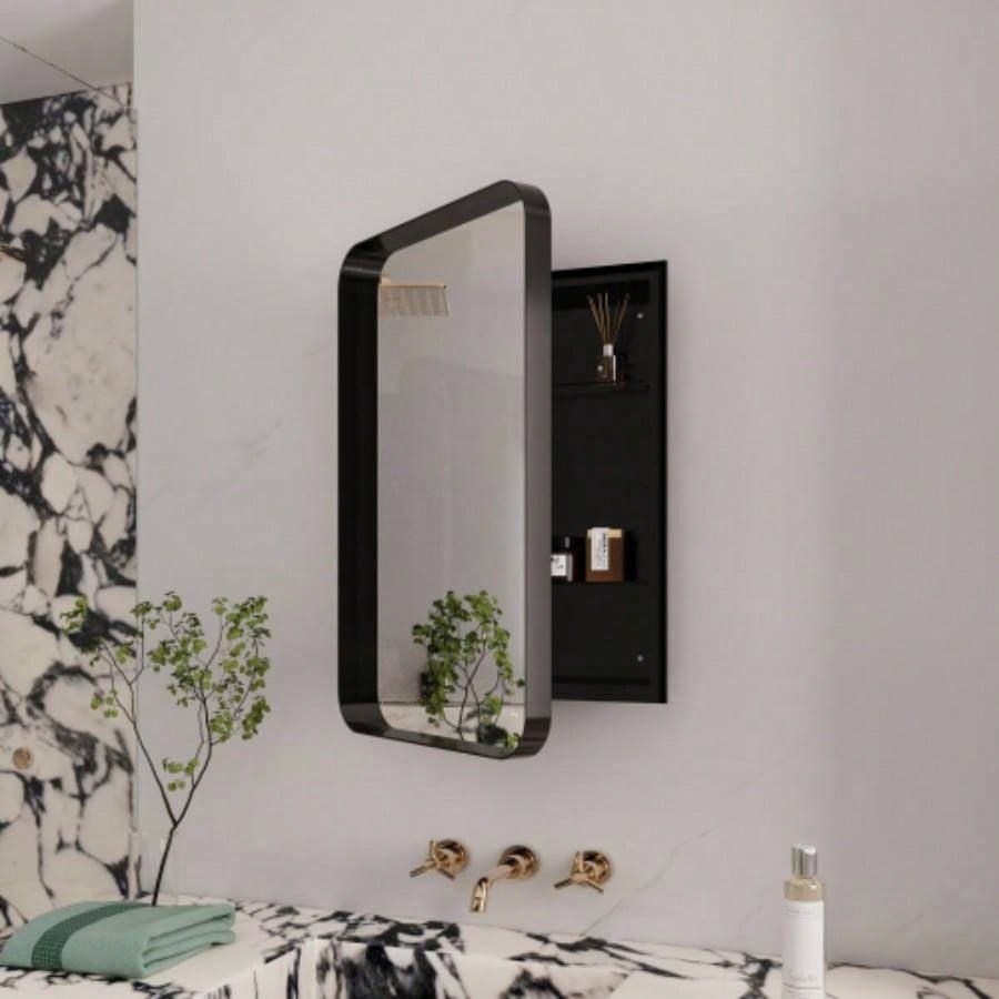 20x34 Inch Oval Recessed Medicine Cabinet, Metal Framed Bathroom Wall Cabinet with Mirror and Adjustable Shelves, Wall Mirror with Storage Bathroom, White