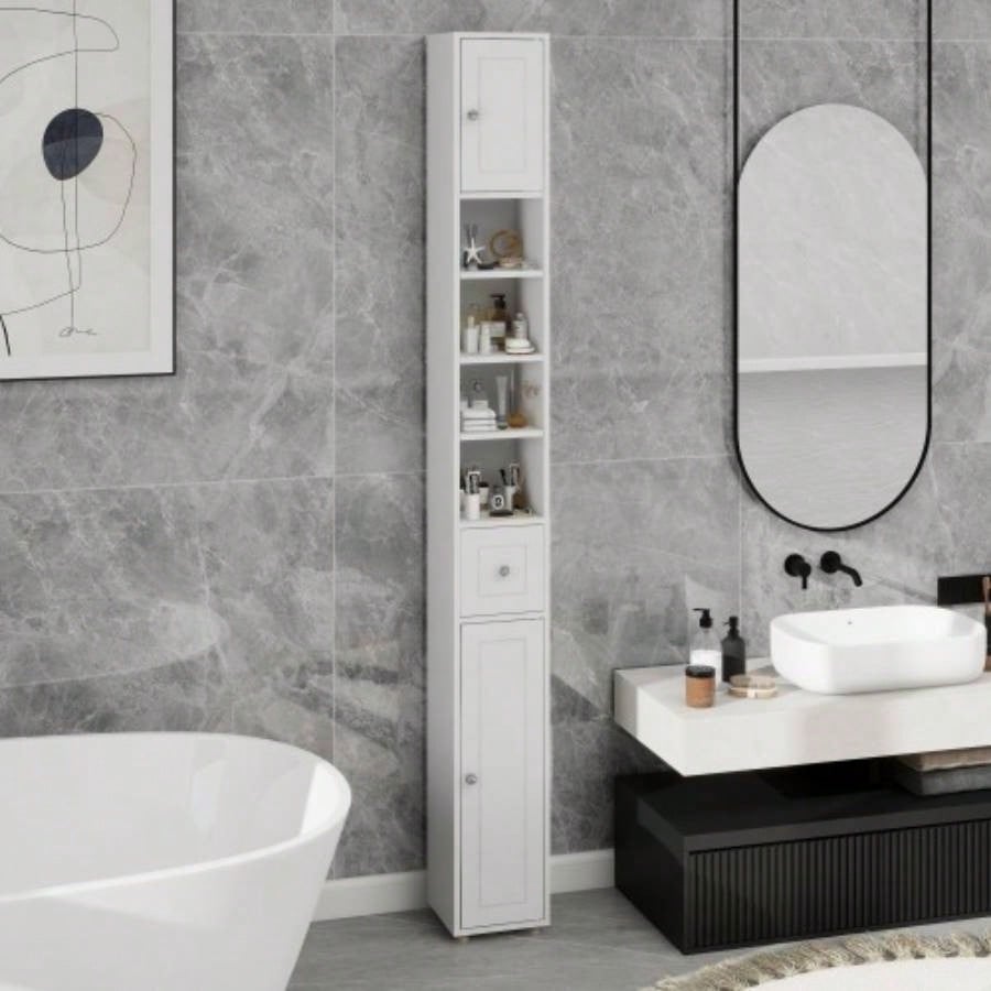 Tall Slim Bathroom Storage Cabinet, 71 Freestanding Bathroom Cabinet with 1 Drawer, 2 Doors and 4 Adjustable Shelves - White