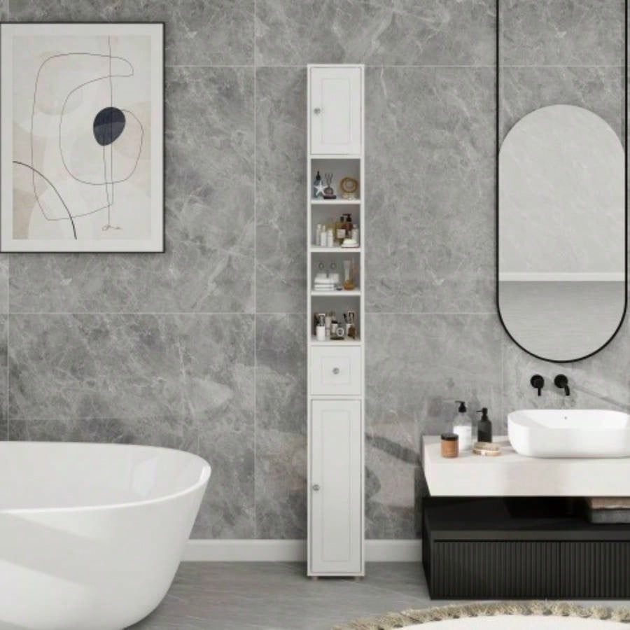 Tall Slim Bathroom Storage Cabinet, 71 Freestanding Bathroom Cabinet with 1 Drawer, 2 Doors and 4 Adjustable Shelves - White