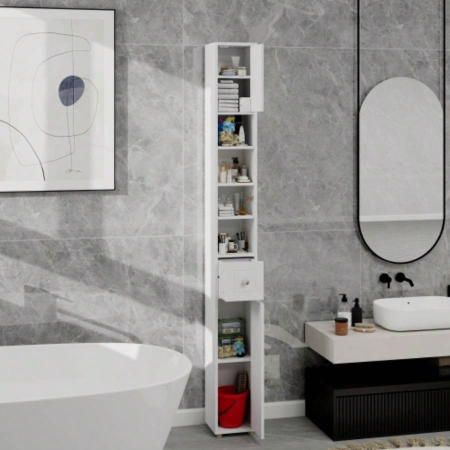 Tall Slim Bathroom Storage Cabinet, 71 Freestanding Bathroom Cabinet with 1 Drawer, 2 Doors and 4 Adjustable Shelves - White