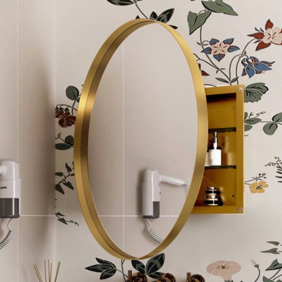 20x34 Inch Oval Recessed Medicine Cabinet, Metal Framed Bathroom Wall Cabinet with Mirror and Adjustable Shelves, Wall Mirror with Storage Bathroom, White