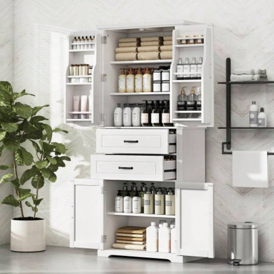 Storage Cabinet with Multi - Functional Storage Space Kitchen/Bathroom/Dining Room/Living Room, 2 Drawers with Slide Rails, Adjustable Shelf, White