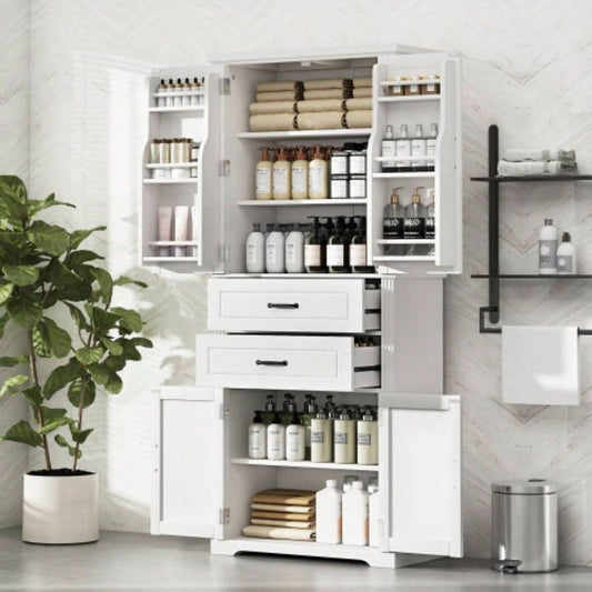 Storage Cabinet with Multi - Functional Storage Space Kitchen/Bathroom/Dining Room/Living Room, 2 Drawers with Slide Rails, Adjustable Shelf, White