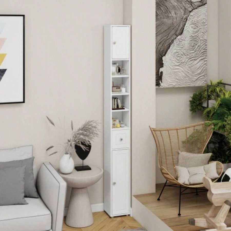 Tall Slim Bathroom Storage Cabinet, 71 Freestanding Bathroom Cabinet with 1 Drawer, 2 Doors and 4 Adjustable Shelves - White