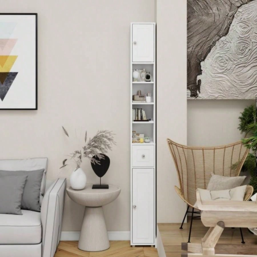 Tall Slim Bathroom Storage Cabinet, 71 Freestanding Bathroom Cabinet with 1 Drawer, 2 Doors and 4 Adjustable Shelves - White