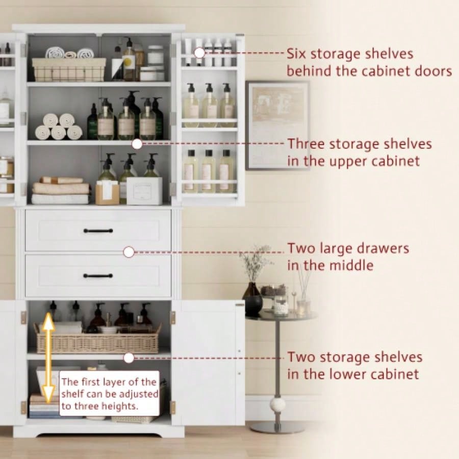 Storage Cabinet with Multi - Functional Storage Space Kitchen/Bathroom/Dining Room/Living Room, 2 Drawers with Slide Rails, Adjustable Shelf, White