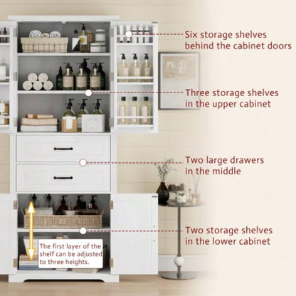 Storage Cabinet with Multi - Functional Storage Space Kitchen/Bathroom/Dining Room/Living Room, 2 Drawers with Slide Rails, Adjustable Shelf, White