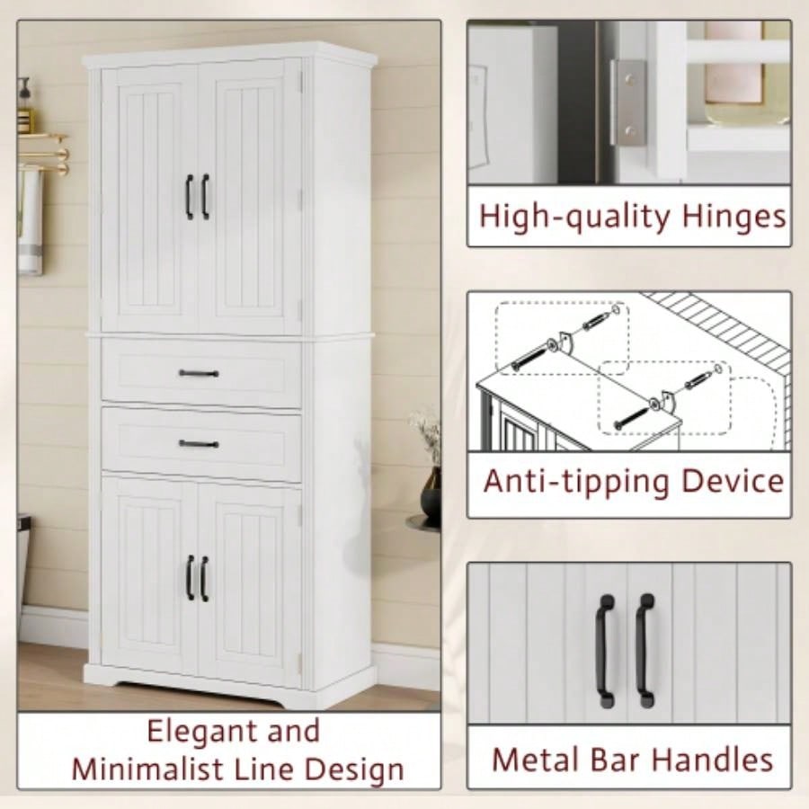 Storage Cabinet with Multi - Functional Storage Space Kitchen/Bathroom/Dining Room/Living Room, 2 Drawers with Slide Rails, Adjustable Shelf, White