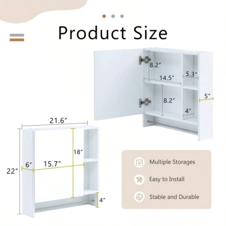 Bathroom Mirror Cabinet Wall Mounted, Medicine Cabinet, Over Toilet Storage Cabinet with Shelves and Towel Rack