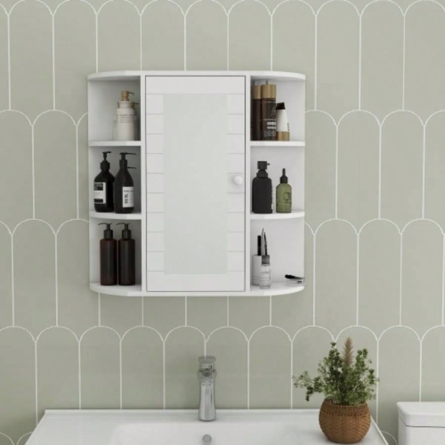 Bathroom Medicine Cabinet with Mirror, Wall Mounted Bathroom Cabinet with Mirror Door, 6 Open Shelves, 3 Adjustable Shelves Bathroom Living Room Laundry Bedroom - White