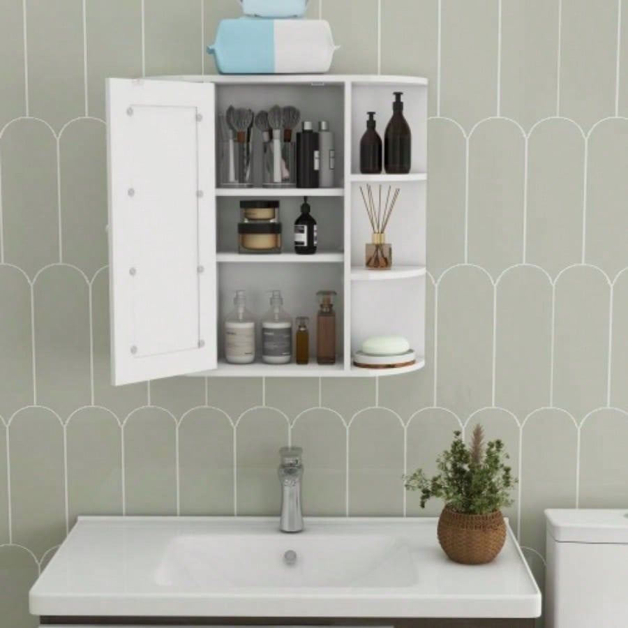 Bathroom Medicine Cabinet with Mirror, Wall Mounted Bathroom Cabinet with Mirror Door, 6 Open Shelves, 3 Adjustable Shelves Bathroom Living Room Laundry Bedroom - White