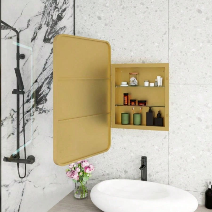 Rectangle Medicine Cabinet Mirror Bathroom Mirror with Storage Wall Mounted Medicine Mirror Cabinet with LDE, Golden