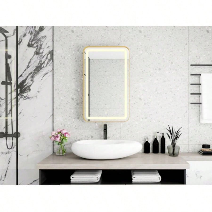 Rectangle Medicine Cabinet Mirror Bathroom Mirror with Storage Wall Mounted Medicine Mirror Cabinet with LDE, Golden