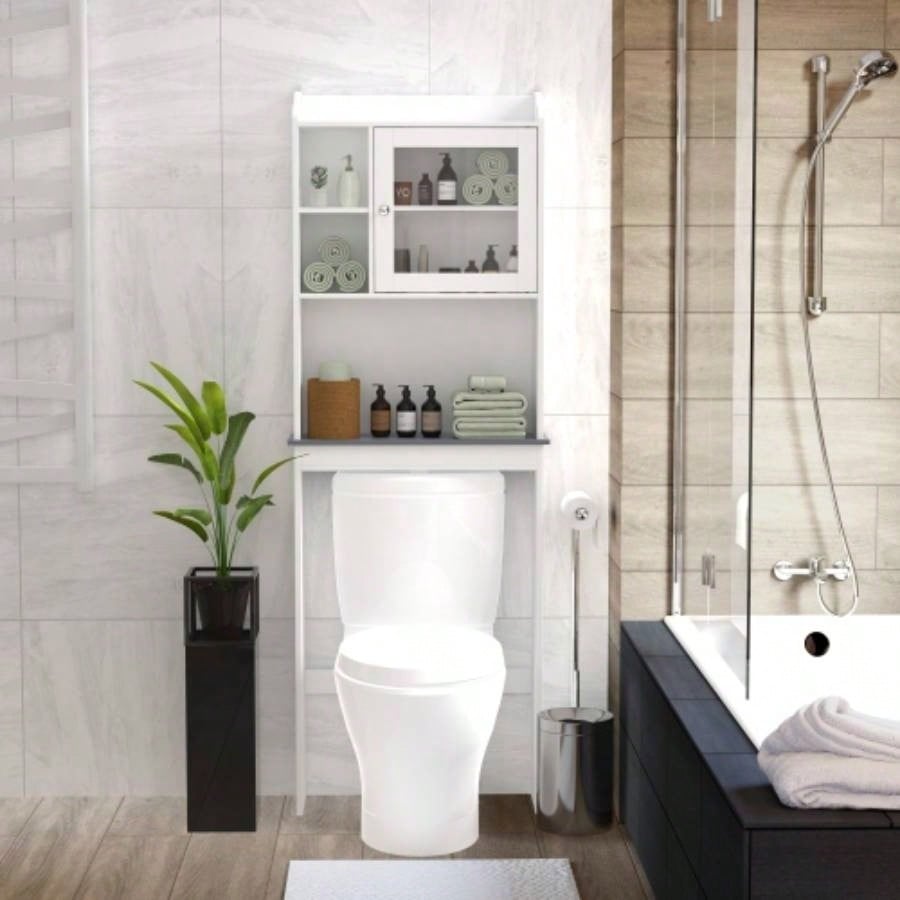 Modern Over Toilet Space Saver Organization Wood Storage Cabinet Home, Bathroom - White