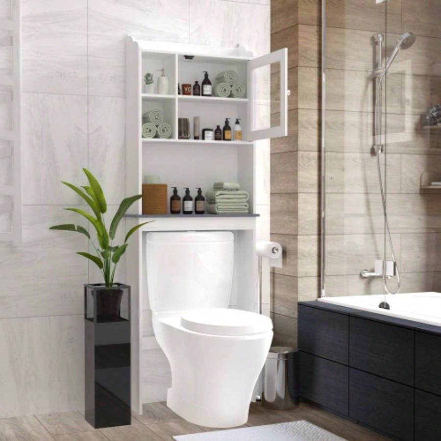 Modern Over Toilet Space Saver Organization Wood Storage Cabinet Home, Bathroom - White