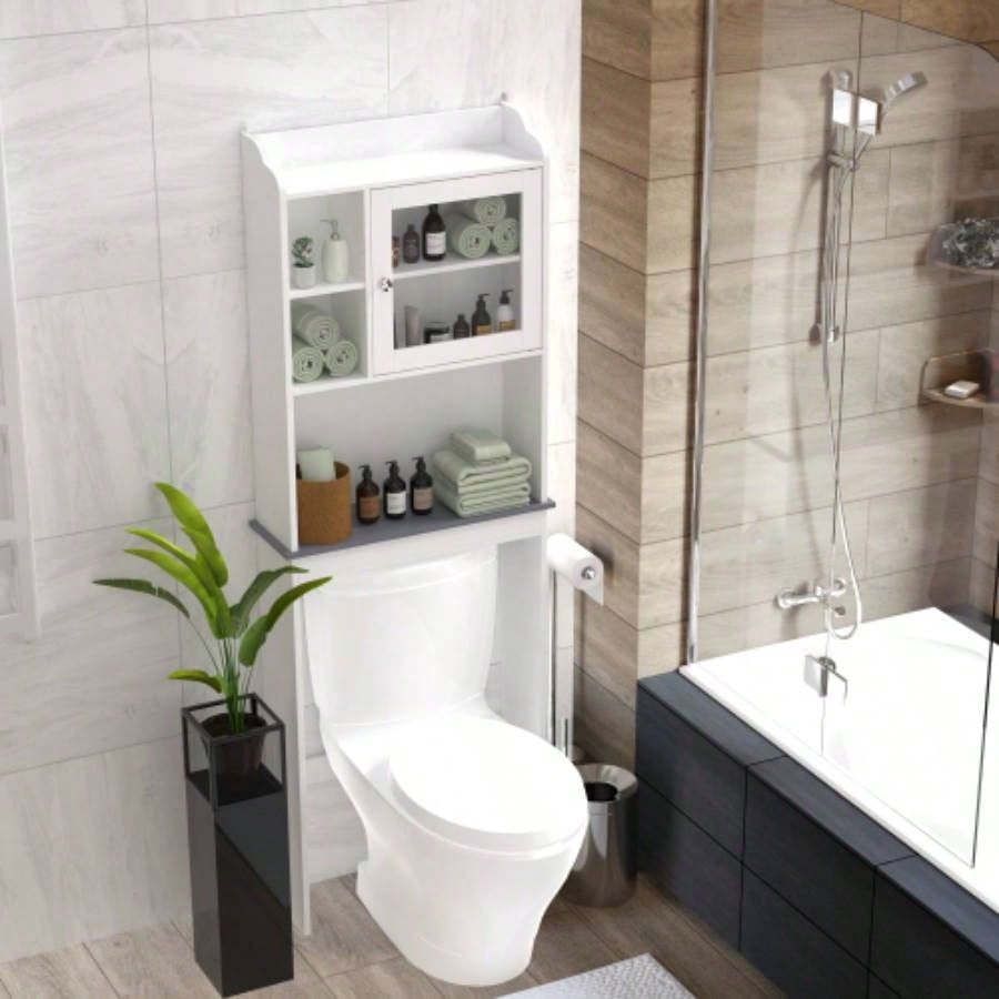Modern Over Toilet Space Saver Organization Wood Storage Cabinet Home, Bathroom - White