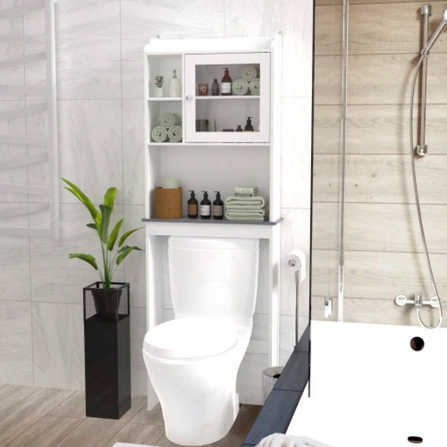 Modern Over Toilet Space Saver Organization Wood Storage Cabinet Home, Bathroom - White