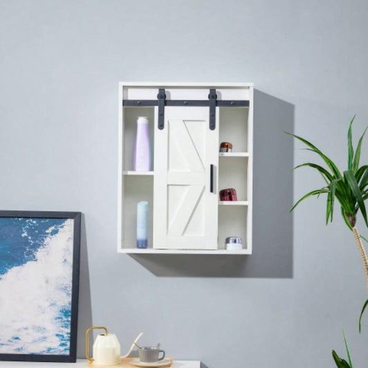 Wood wall - mounted storage cabinet, 5 - layer toilet bathroom storage cabinet, multifunctional cabinet with adjustable door, white