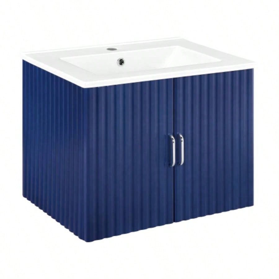 24 Floating Wall Mounted Bathroom Vanity with White Porcelain Sink and Soft Close Doors