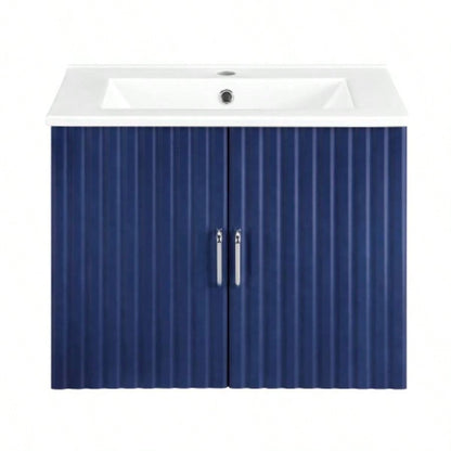 24 Floating Wall Mounted Bathroom Vanity with White Porcelain Sink and Soft Close Doors
