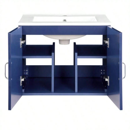 24 Floating Wall Mounted Bathroom Vanity with White Porcelain Sink and Soft Close Doors