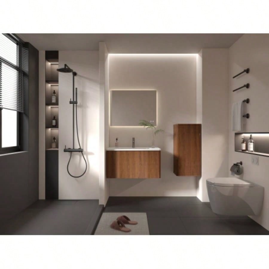 CC0414S305 Striped Walnut Bathroom Floating Side Cabinet, Wall - mounted Storage Cabinet Small Spaces, Pre - assembled