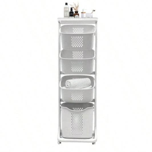 4 - Tier Laundry Hamper Sorter, Laundry Storage Organizer with Wheels Removable Rolling Laundry Baskets, Bathroom Cart Dirty Clothes, White